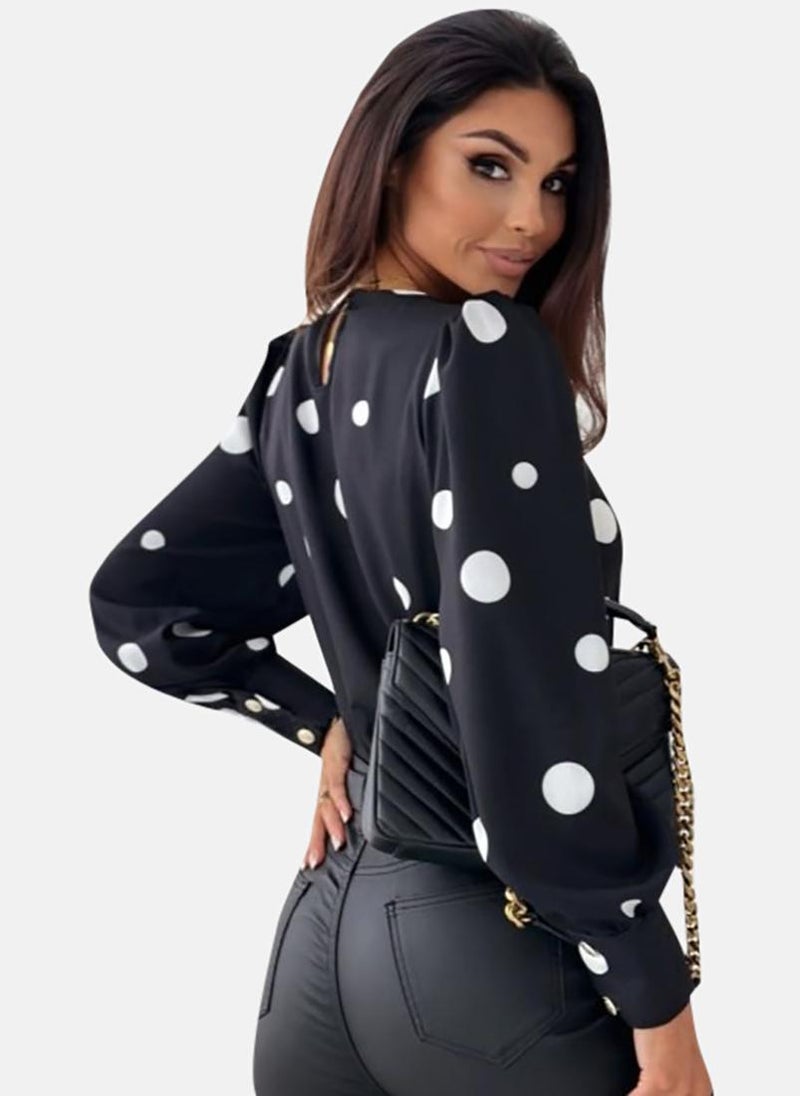 يونيكي بلوزات طويلة بأكمام طويلة ورقبة مربعة ونقاط سوداء - Image 2