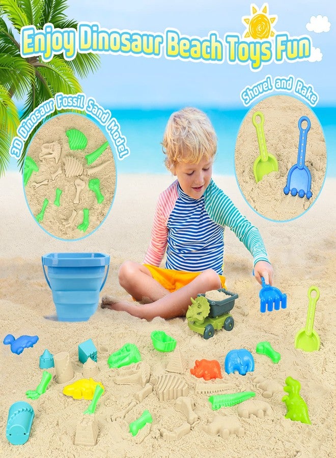FUSPWEAO Beach Toys, Dinosaur Sand Toys with Dump Truck and Collapsible Beach Bucket, Shovel and Rake, Mesh Bag, Animal Dinosaur Sand Molds, Sand Castle Toy, Sandbox Toys for Toddlers Kids Boys - Image 4