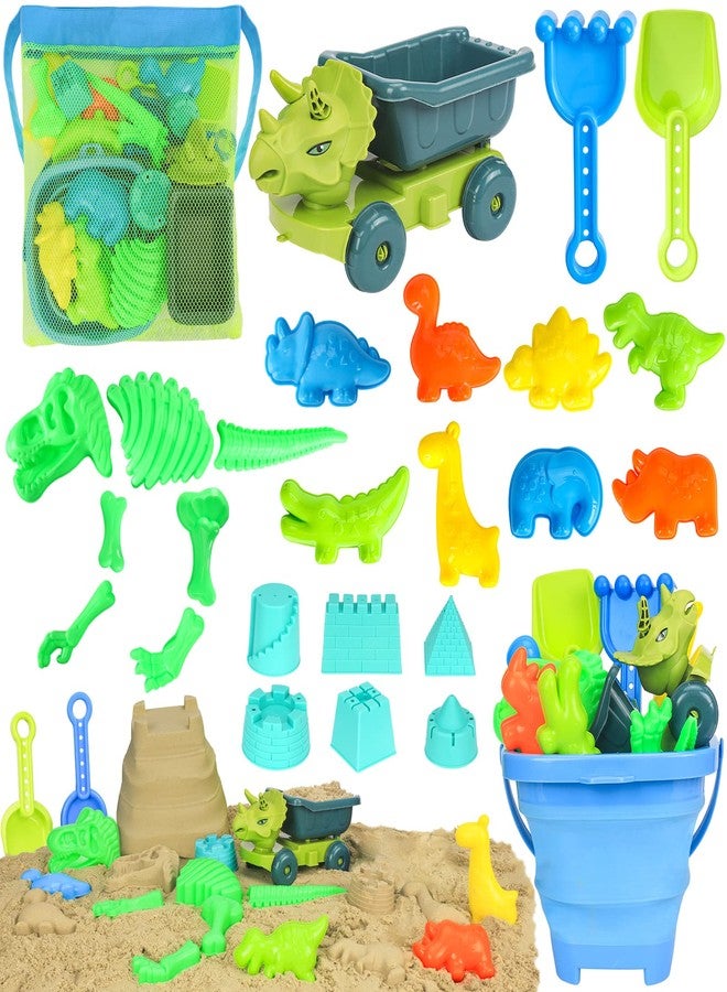 FUSPWEAO Beach Toys, Dinosaur Sand Toys with Dump Truck and Collapsible Beach Bucket, Shovel and Rake, Mesh Bag, Animal Dinosaur Sand Molds, Sand Castle Toy, Sandbox Toys for Toddlers Kids Boys - Image 1