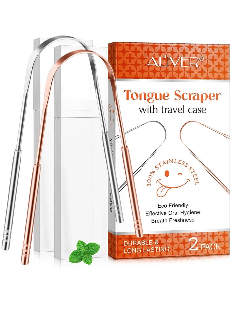 ALIVER 2pack Tongue Scraper Stainless Steel Tongue Cleaners with Travel Box Tongue Cleaner Tool for Oral Hygiene Fresh Breath Reduce Bad Breath Reusable Tongue Scrapers for Adults Silver and Rose Gold  - Image 1