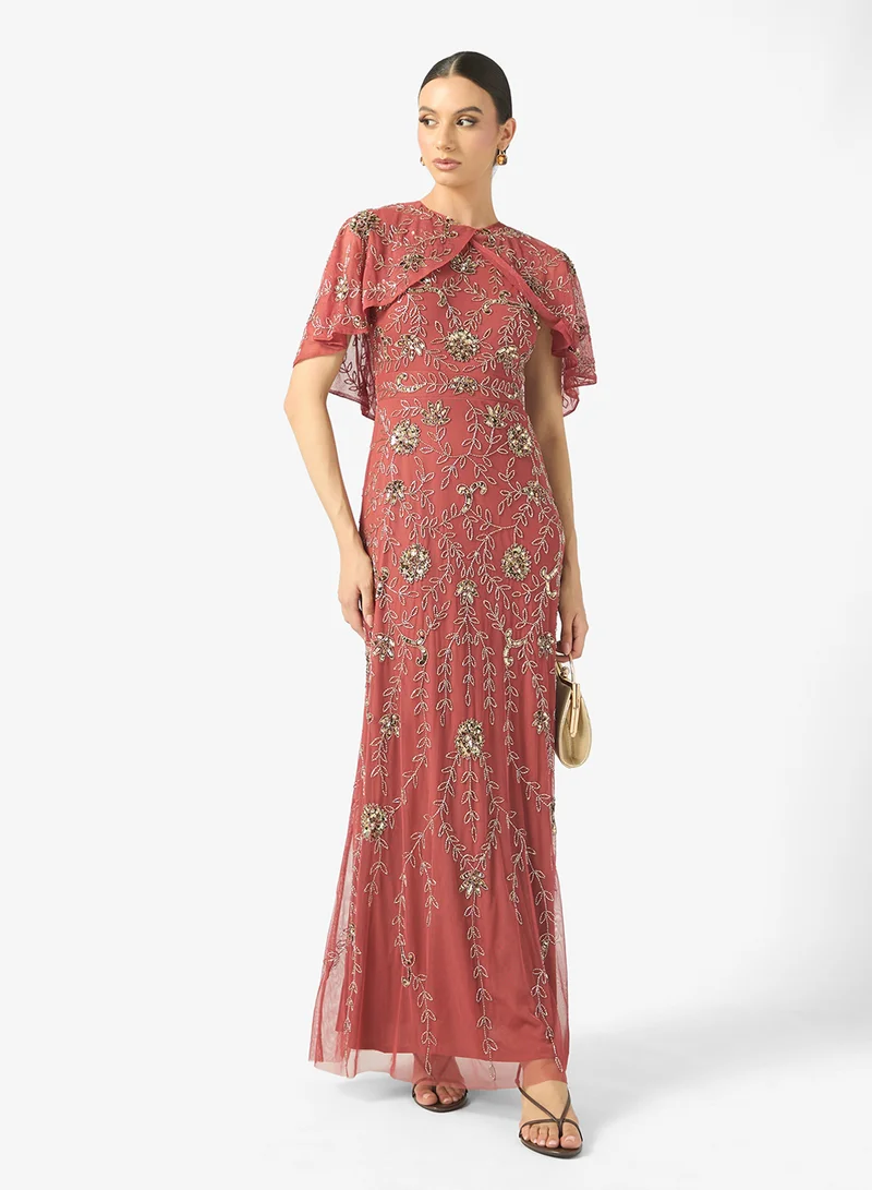BEAUUT Naima Cape Detail Embellished Sequin Maxi Dress