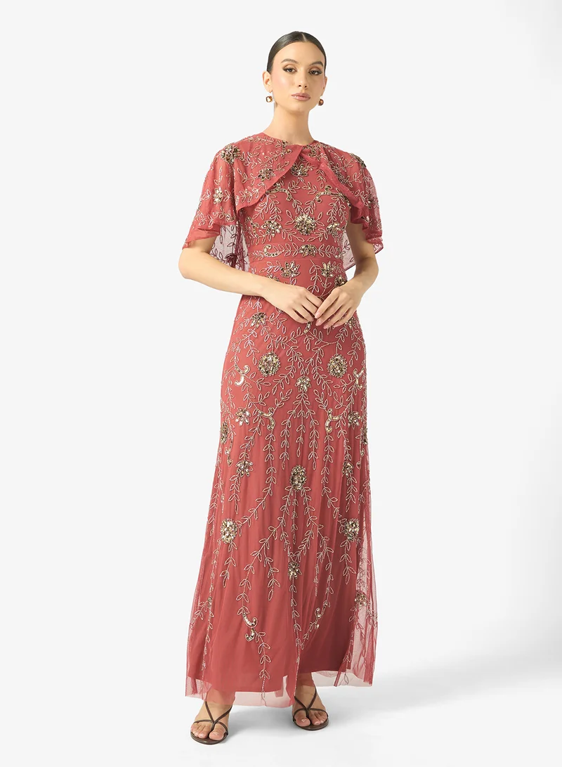 BEAUUT Naima Cape Detail Embellished Sequin Maxi Dress
