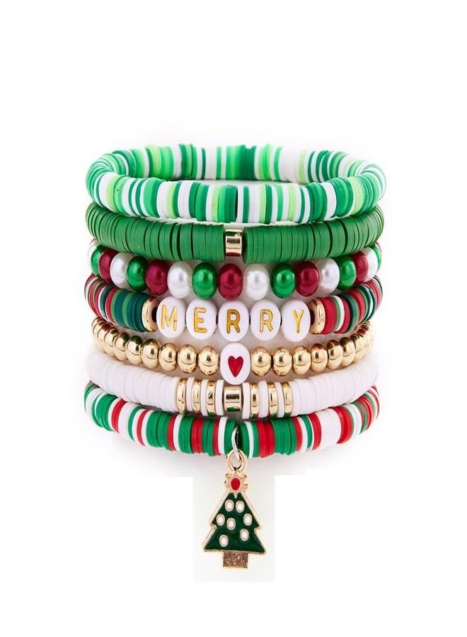Pingyongchang Christmas Stackable Beaded Holiday Bracelets Set for Women Elastic Layering Colorful Heishi Vinyl Disc Polymer Clay Stretch Bohemian Festive Favors Decor Accessories Birthday Gifts-A - Image 2