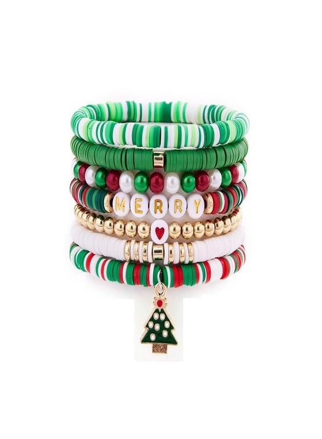 Pingyongchang Christmas Stackable Beaded Holiday Bracelets Set for Women Elastic Layering Colorful Heishi Vinyl Disc Polymer Clay Stretch Bohemian Festive Favors Decor Accessories Birthday Gifts-A - Image 1
