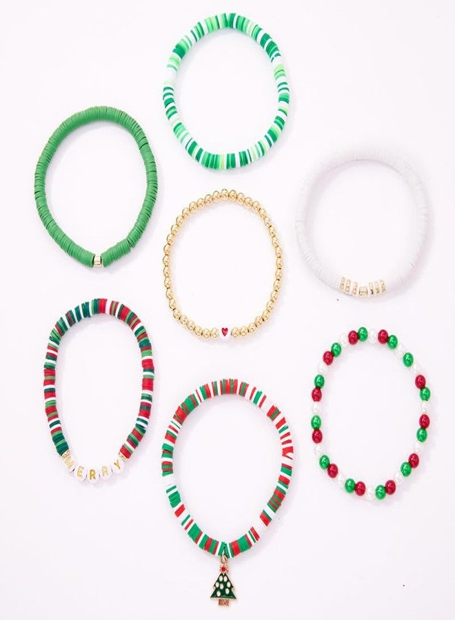 Pingyongchang Christmas Stackable Beaded Holiday Bracelets Set for Women Elastic Layering Colorful Heishi Vinyl Disc Polymer Clay Stretch Bohemian Festive Favors Decor Accessories Birthday Gifts-A - Image 5
