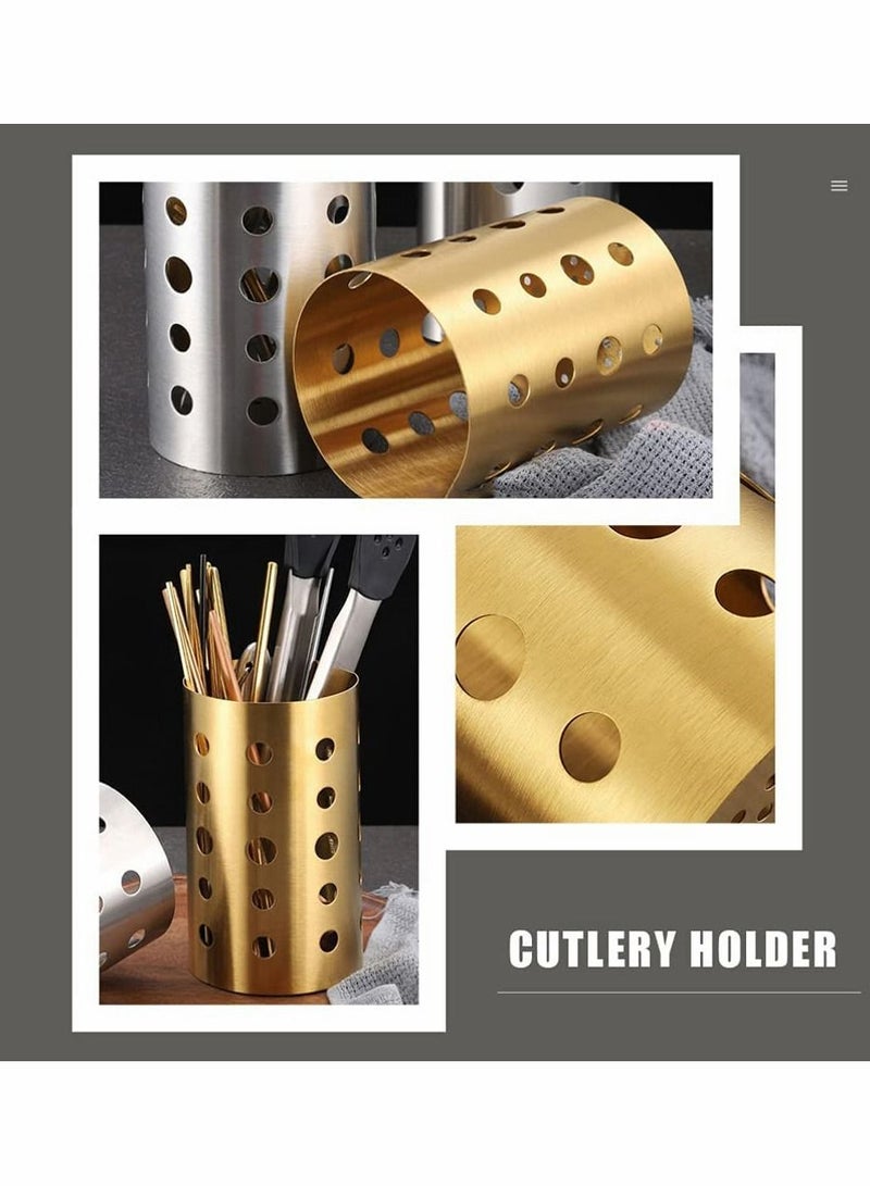 Stainless Steel Cylinder Chopstick Holder, Cutlery Rack Stand Spoon Fork Storage Clothes Caddy Basket Cookware Gold - Image 3