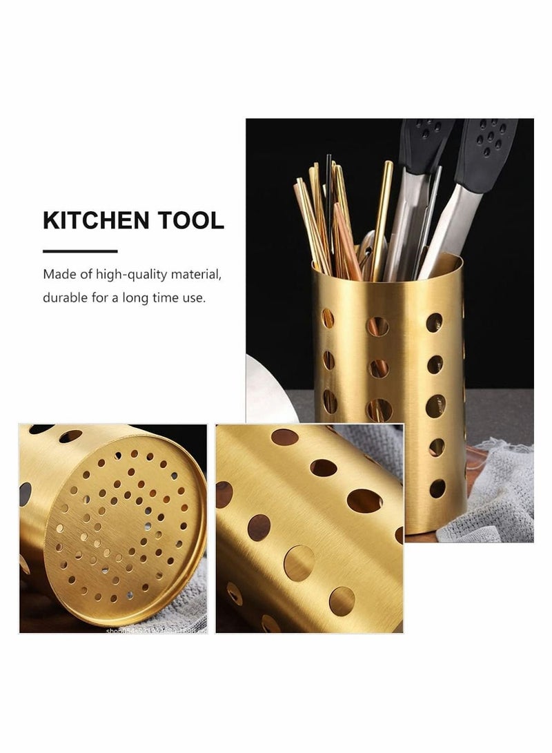 Stainless Steel Cylinder Chopstick Holder, Cutlery Rack Stand Spoon Fork Storage Clothes Caddy Basket Cookware Gold - Image 5