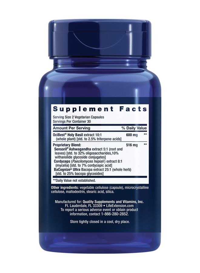 Life Extension صيغة طاقة الأدرينالين - مكملات إدارة التوتر مع الأشواغاندا، الكورديسيبس، الريحان المقدس وباكوبا لدعم التوازن الداخلي - خالية من الغلوتين، غير معدلة وراثيًا، نباتية - 60 كبسولة - Image 2