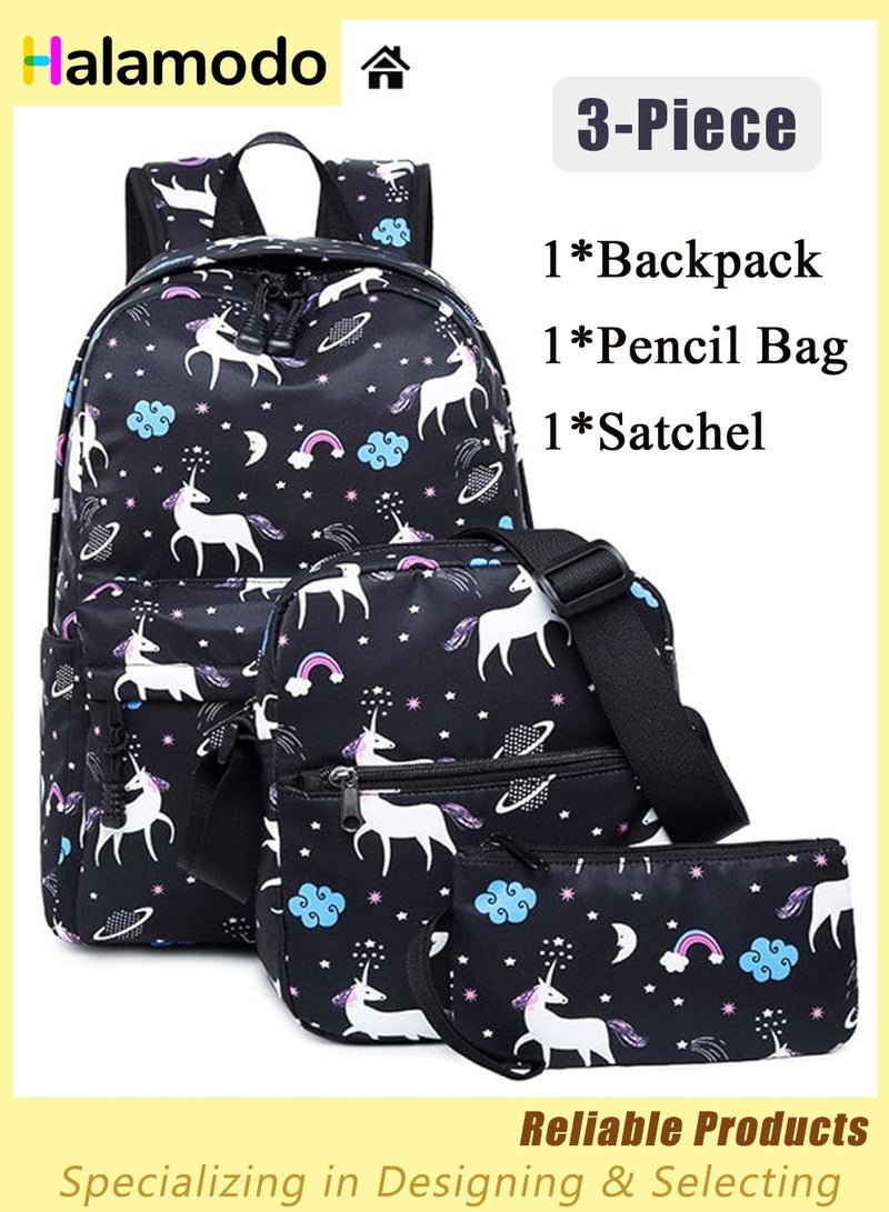 3PCS School Backpack Set, Portable Unicorn Casual Daypack for Boys Girls, Students Shoulder Bag, Laptop Backpack, with Sling Crossbody Bag and Storage Bag, Book Bags, for School College Office Travel - Image 1