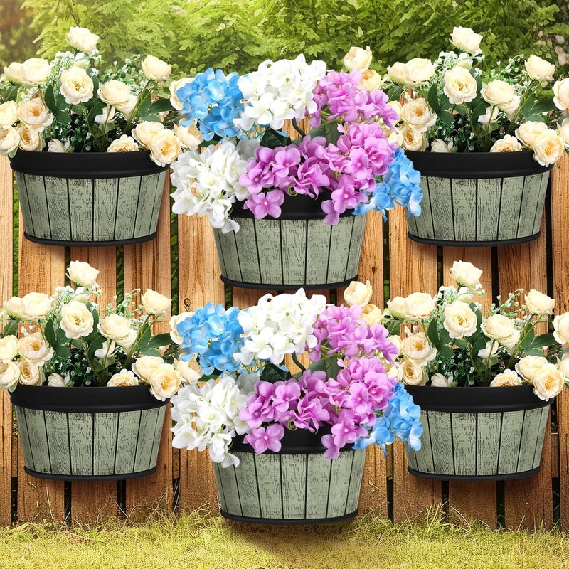 Layhit 6 Pcs Wall Hanging Planters Outdoor Pot Planter Wine Barrel Planter Distressed Oak Thickened Plastic Water Storage Flower Pots for Flower Indoor Outdoor(13.78 Inches,Grey Green) - Image 1