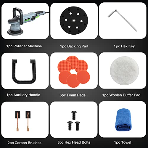 WORKPRO Buffer Polisher, 6-inch 1080W Dual Action Random Orbital Polish Kit for Car Detailing, 6 Variable Speed DA Polisher with Backing/Woolen/Foam Pads, Towel for Waxing, Buffing, Polishing - Image 3