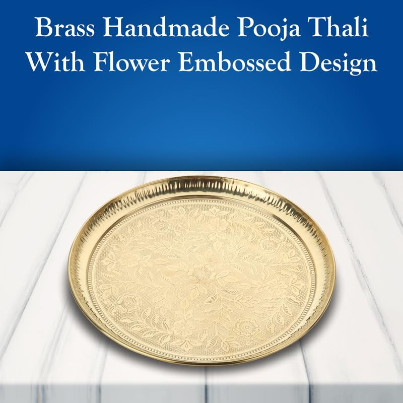 DOKCHAN Handmade Pure Brass Puja Thali with Flower Embossed Design (Gold | 6 Inch) - Image 2