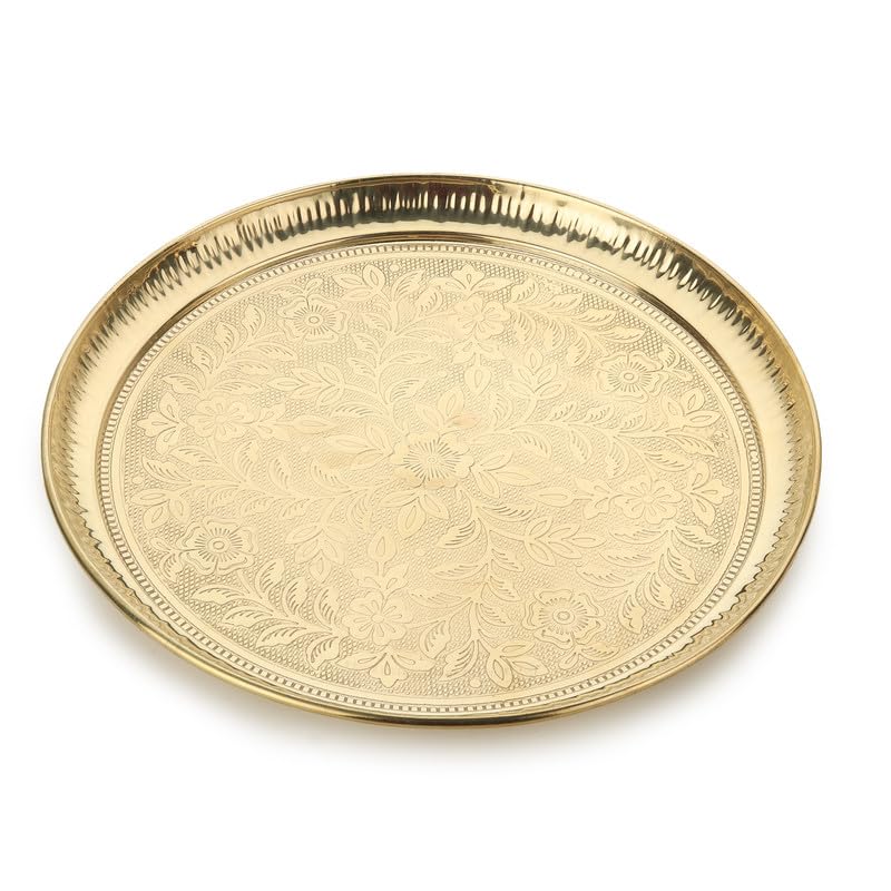 DOKCHAN Handmade Pure Brass Puja Thali with Flower Embossed Design (Gold | 6 Inch) - Image 1