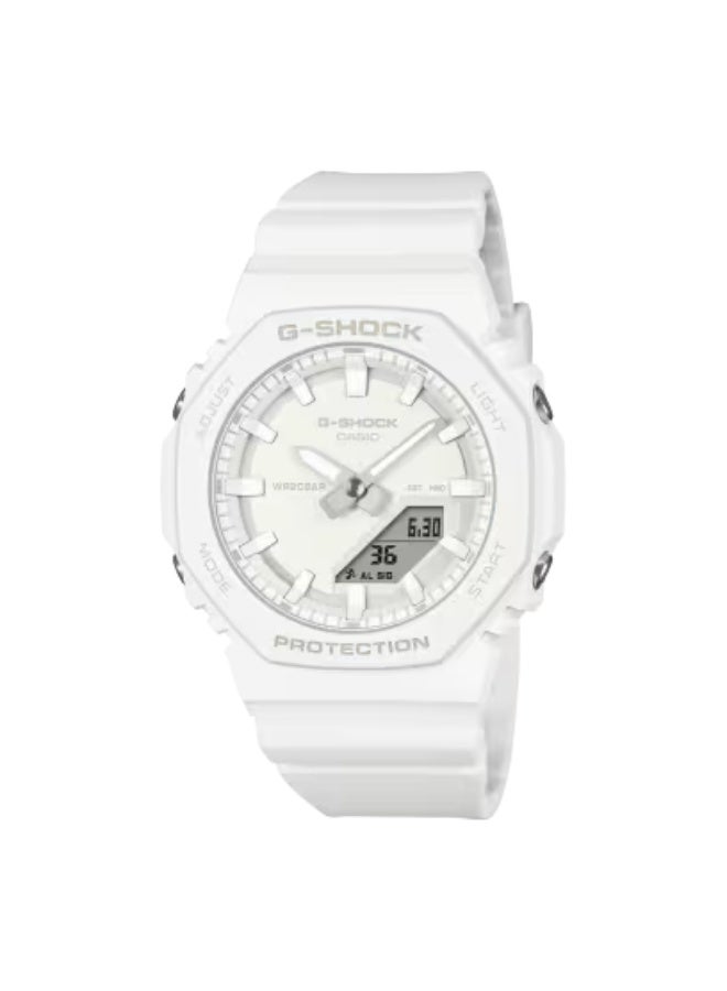 Casio G-Shock GMA-P2100-7AER Women's Compact Analog-Digital Watch – White Monochrome Dial, White Bio-Based Resin Strap, 200M Water Resistant, Shock Resistant, Slim Lightweight Design