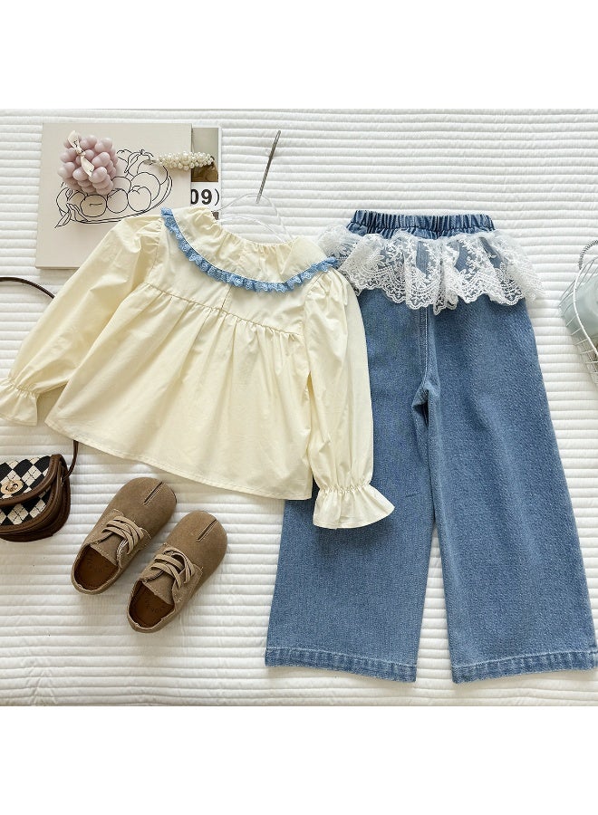 Ayada Home Kids Girls Sweet Style Co-ord Set, Floral Embroidered Ruffle Blouse + Lace Trim Denim Pants, Cute Casual Outfit - Image 3