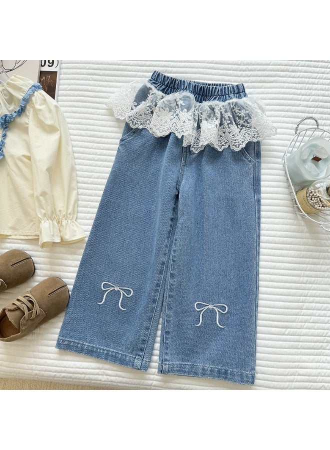 Ayada Home Kids Girls Sweet Style Co-ord Set, Floral Embroidered Ruffle Blouse + Lace Trim Denim Pants, Cute Casual Outfit - Image 4