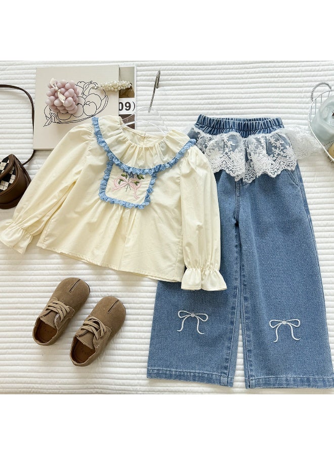 Ayada Home Kids Girls Sweet Style Co-ord Set, Floral Embroidered Ruffle Blouse + Lace Trim Denim Pants, Cute Casual Outfit - Image 1