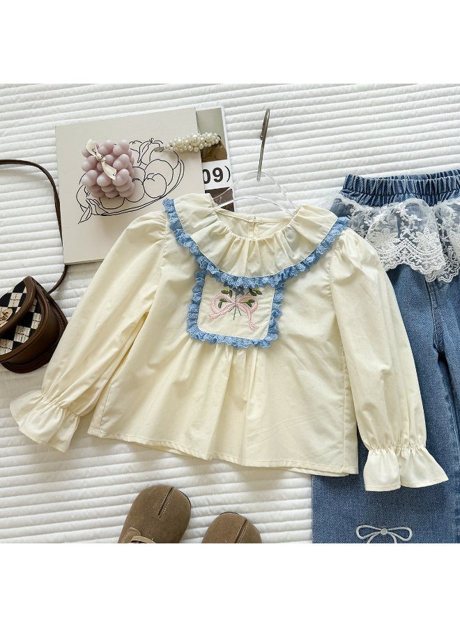 Ayada Home Kids Girls Sweet Style Co-ord Set, Floral Embroidered Ruffle Blouse + Lace Trim Denim Pants, Cute Casual Outfit - Image 2