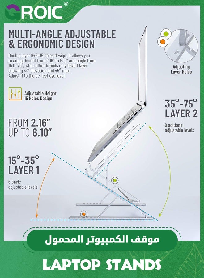 GROIC Silver Foldable Laptop Stand for Desk Adjustable Height, Portable Aluminum Laptop Holder for Travel, MacBook and Devices 18" up - Image 3