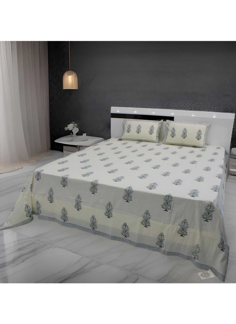 MARHABA CURTAIN 100% Cotton Jaipuri Handblock Print Double Bed Sheet with 2 Pillow Covers Premium Quality, Soft, Breathable (CREAMLILLY 15)  - Image 2