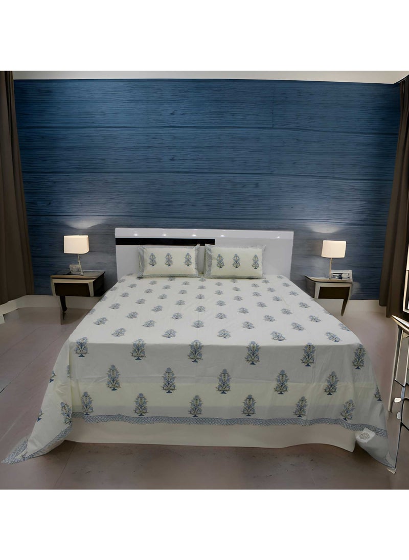 MARHABA CURTAIN 100% Cotton Jaipuri Handblock Print Double Bed Sheet with 2 Pillow Covers Premium Quality, Soft, Breathable (CREAMLILLY 15)  - Image 3