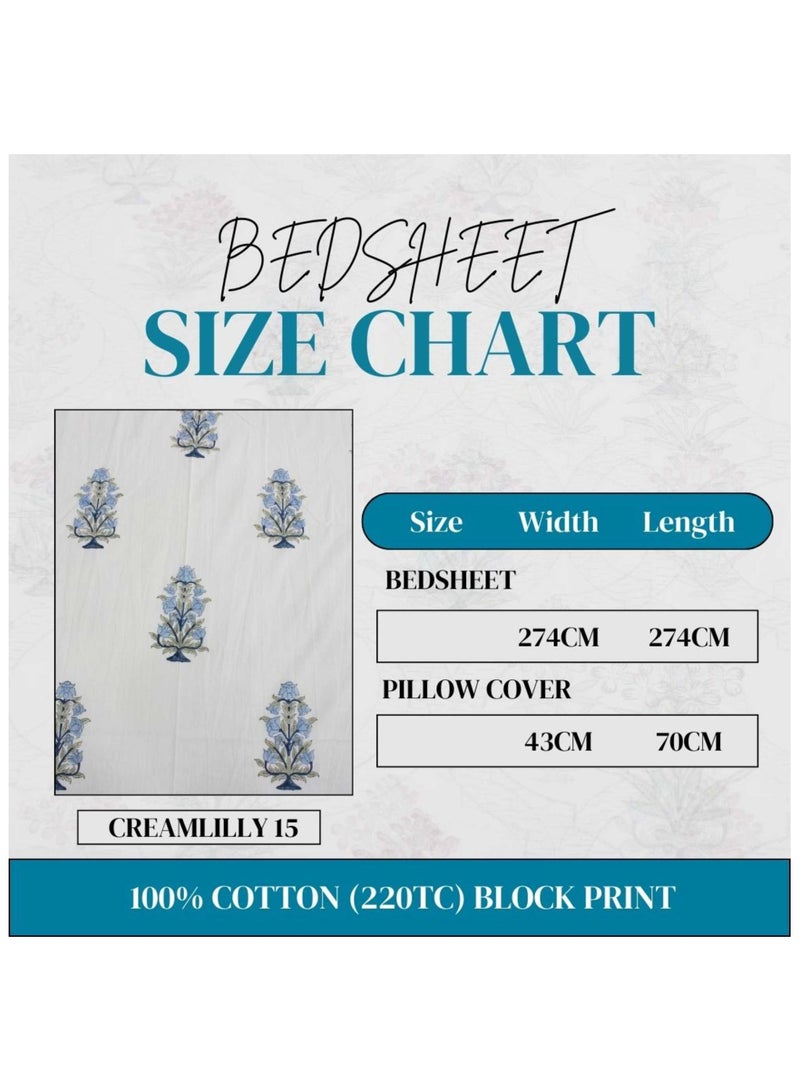 100% Cotton Jaipuri Handblock Print Double Bed Sheet with 2 Pillow Covers Premium Quality, Soft, Breathable (CREAMLILLY 15)