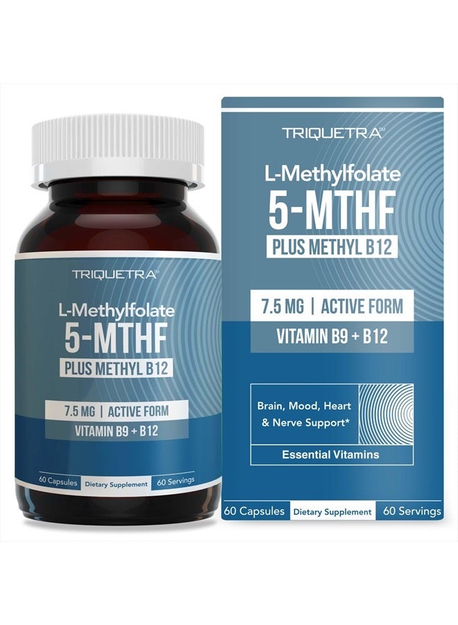Triquetra Health L Methylfolate 7.5mg plus Methyl B12 - Active 5-MTHF Form, MTHFR Supplement - Bloodstream Ready Methylated Folate + B12 Cofactor - Supports Mood, Homocysteine Methylation, Cognition (60 Capsules) - Image 1