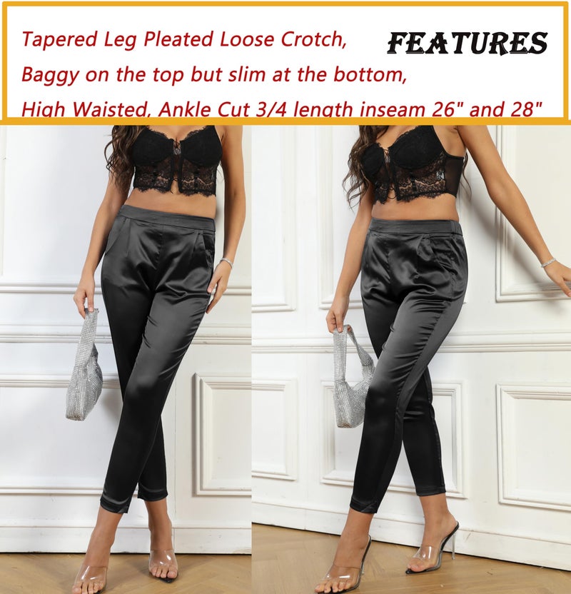 heipeiwa Women's Satin Pants Dress Casual Pleated Pull on High Waist Pants Baggy Front Tapered Trouser - Image 4
