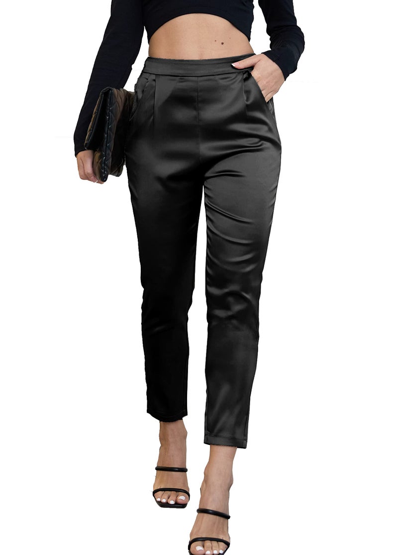 heipeiwa Women's Satin Pants Dress Casual Pleated Pull on High Waist Pants Baggy Front Tapered Trouser - Image 1