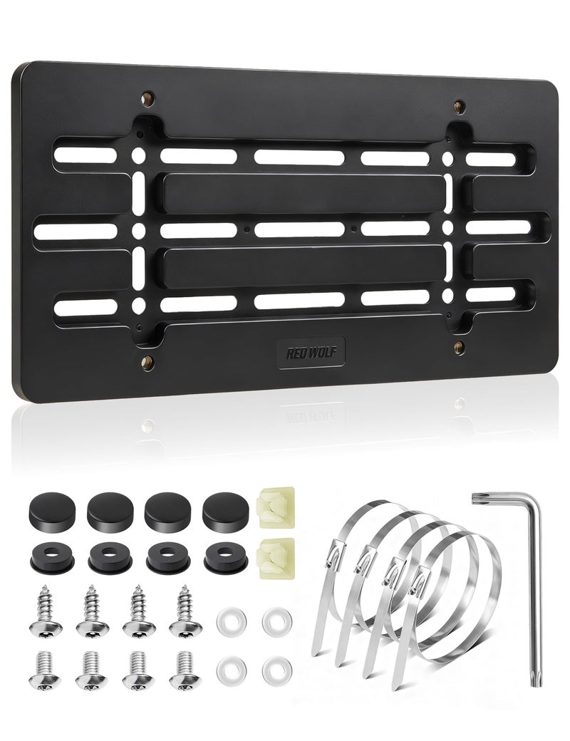 RED WOLF Front License Plate Bracket, No Drill Front License Plate Holder Universal for Car Truck SUV Bumper Car Tag Frame Mounting Kit w/Anti Theft Stainless Steel Screw Wrench Bolt Cap 4 Brass Nuts - Image 1