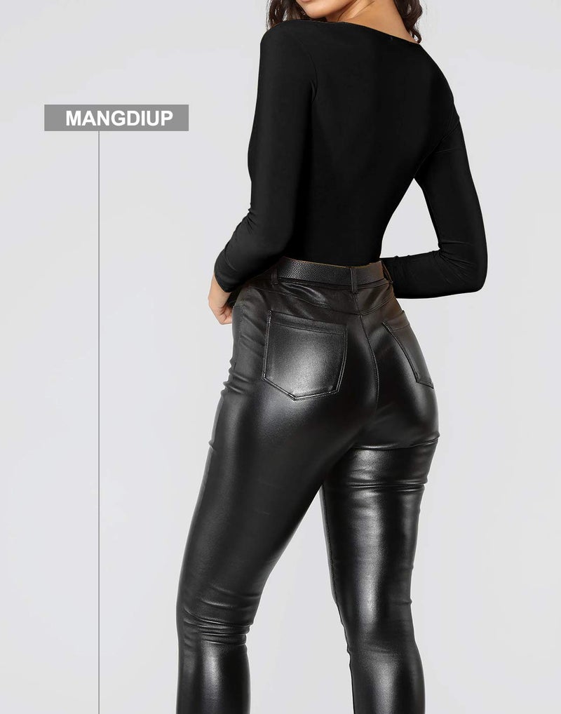 MANGDIUP Women's V-Neck Long Sleeve Tops Basic Bodysuit Jumpsuit (Black. XXL) - Image 4