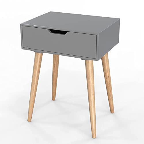 DDS Dream Decor Shoppee Nightstand End Side Table Drawer and Solid Wood Legs Bedside Table for Bedrooms, Mid-Century Modern Storage Cabinet for Living Room Furniture (Grey) - Image 3