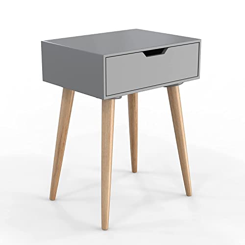 DDS Dream Decor Shoppee Nightstand End Side Table Drawer and Solid Wood Legs Bedside Table for Bedrooms, Mid-Century Modern Storage Cabinet for Living Room Furniture (Grey) - Image 2