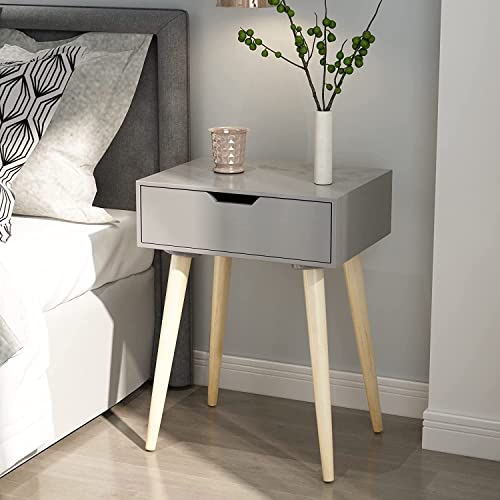 DDS Dream Decor Shoppee Nightstand End Side Table Drawer and Solid Wood Legs Bedside Table for Bedrooms, Mid-Century Modern Storage Cabinet for Living Room Furniture (Grey) - Image 1