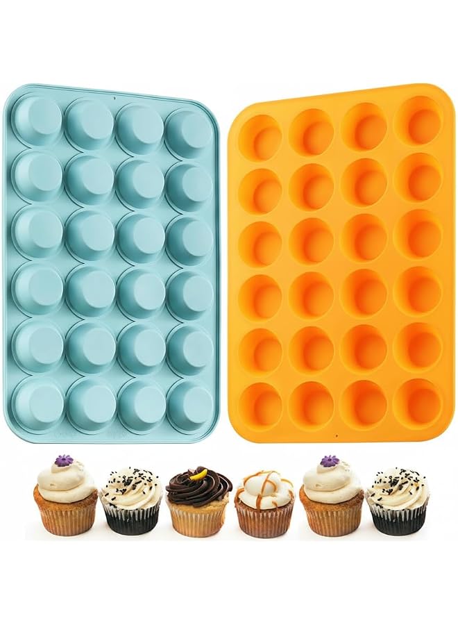 2PCS Silicone Mini Muffin & Cupcake Pan Set,24 Cups Mini Muffin Baking Pan, Non-Stick, BPA Free, Dishwasher Safe, Perfect for Making Muffin, Cakes, Tart (Orange + Peacock Blue)