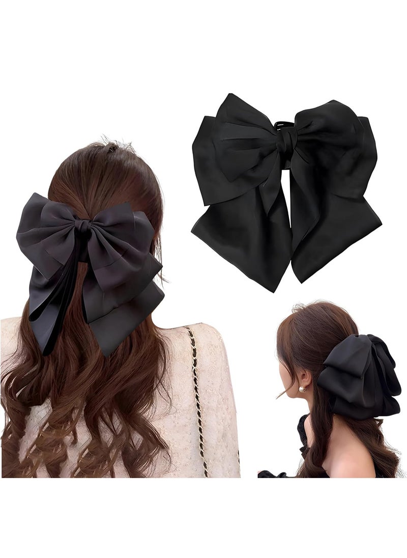 RATSAW Big Bow Hair Clips Large Black Bowknot Hair Claw with Long Tail Satin Silk Butterfly Bow Hair Barrette Hair Accessory for Women Girls  - Image 1