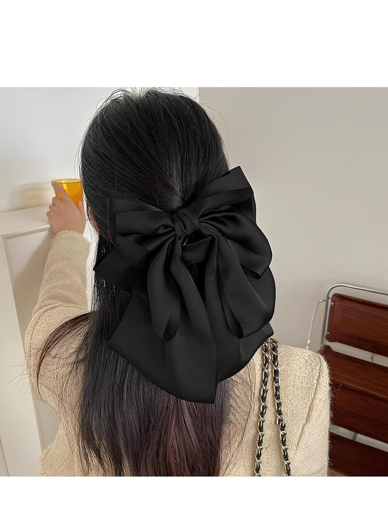 RATSAW Big Bow Hair Clips Large Black Bowknot Hair Claw with Long Tail Satin Silk Butterfly Bow Hair Barrette Hair Accessory for Women Girls  - Image 2