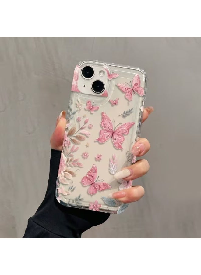 Temu High-quality pink butterfly flower pattern mobile phone case to protect your phone from shocks, compatible with iPhone 13 - Image 1