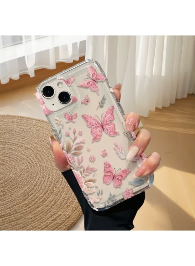 Temu High-quality pink butterfly flower pattern mobile phone case to protect your phone from shocks, compatible with iPhone 13 - Image 2