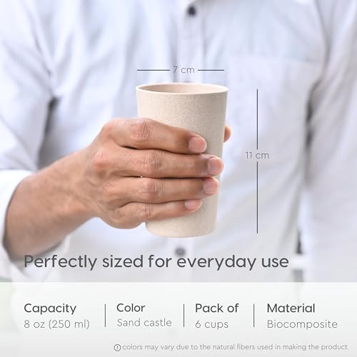 Eha Earth-Friendly Unbreakable Drinking Glass Set of 6 for Water and Juice 250 Ml Each Tumblers Made with Rice Husk & Bamboo Fibers Microwave Safe Hot Cold Sand Castle, Sandcastle (Peach) - Image 2