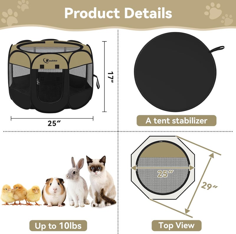 Siedihit Puppy Playpen for Small Dog Cat, Dogs Tent Crate Cage Indoor/Outdoor, Portable Pop Up Dog Kennel with Carrying Bag for Rabbits, Removable Top (Black Khaki, Small) - Image 3