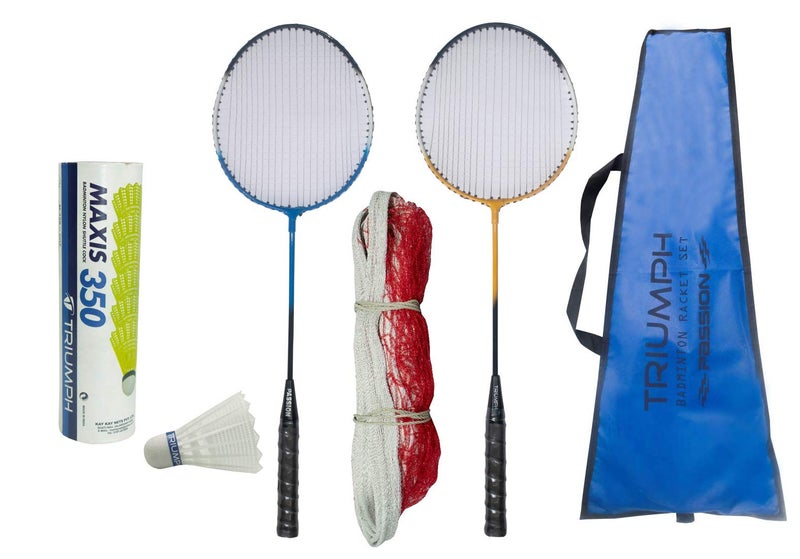 TRIUMPH Passion Badminton Combo Pack, 2 pc TRIUMPH Pasion Badminton Racket with Full Cover, Badminton Net and 6Pc Synthetic Shuttlecock - Image 1