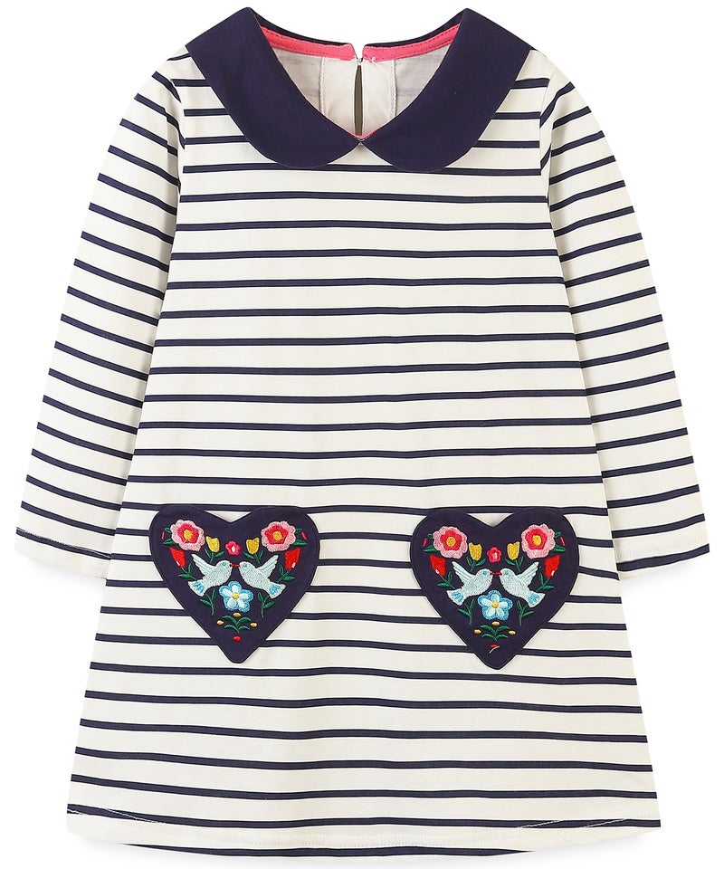 Bumeex Kids Little Toddler Girls Dresses Clothes Fall Winter Long Sleeve Spring Cotton Casual Cute Clothing Outfits Whte/Navy Stripe 3t - Image 1