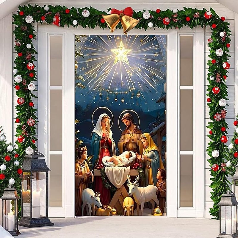 Christmas Nativity Scene Door Cover Outdoor Fabric Home Decor Color B - Image 4
