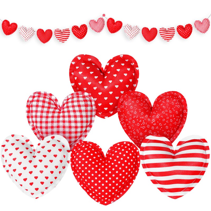 Kajaia 18 Pcs Valentine's Day Fabric Heart Ornaments for Tree 3.5 Inch Fabric Hanging Garland Decoration Baubles Stripe Polka Dot Red Heart Ornaments with 6.56ft Rope for Crafts Wedding Party DIY - Image 1