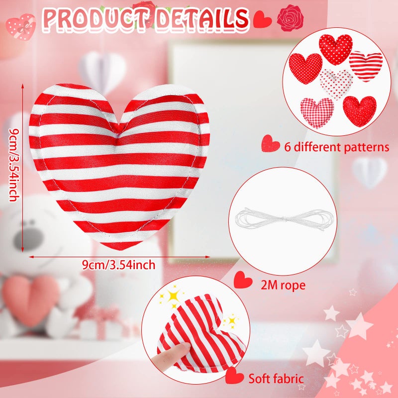 Kajaia 18 Pcs Valentine's Day Fabric Heart Ornaments for Tree 3.5 Inch Fabric Hanging Garland Decoration Baubles Stripe Polka Dot Red Heart Ornaments with 6.56ft Rope for Crafts Wedding Party DIY - Image 3