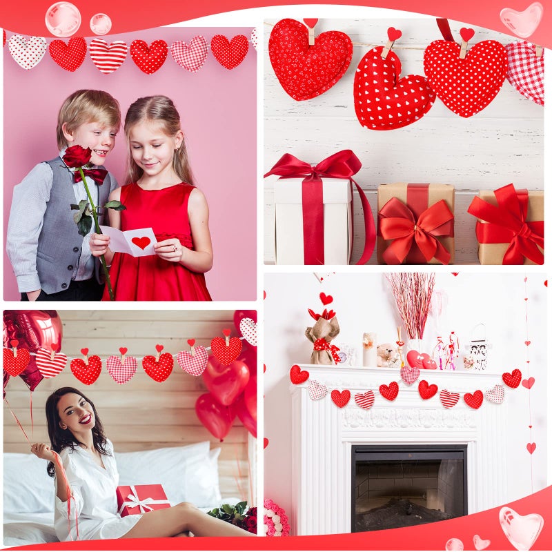 Kajaia 18 Pcs Valentine's Day Fabric Heart Ornaments for Tree 3.5 Inch Fabric Hanging Garland Decoration Baubles Stripe Polka Dot Red Heart Ornaments with 6.56ft Rope for Crafts Wedding Party DIY - Image 4