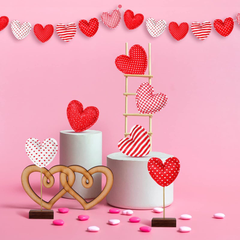 Kajaia 18 Pcs Valentine's Day Fabric Heart Ornaments for Tree 3.5 Inch Fabric Hanging Garland Decoration Baubles Stripe Polka Dot Red Heart Ornaments with 6.56ft Rope for Crafts Wedding Party DIY - Image 5