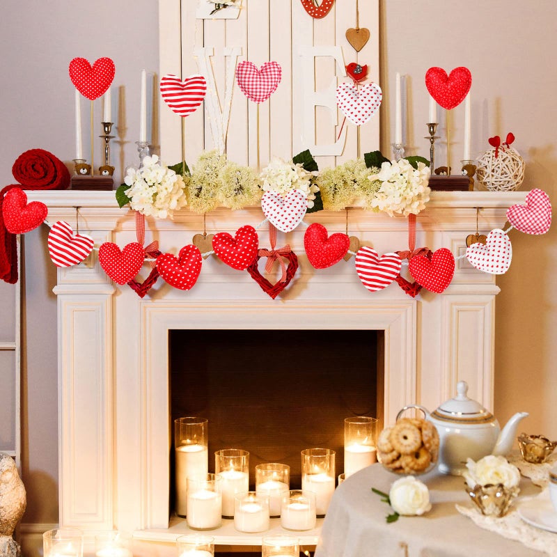 Kajaia 18 Pcs Valentine's Day Fabric Heart Ornaments for Tree 3.5 Inch Fabric Hanging Garland Decoration Baubles Stripe Polka Dot Red Heart Ornaments with 6.56ft Rope for Crafts Wedding Party DIY - Image 2
