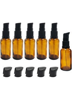 Elandy 6Pcs 30ml/1oz Empty Amber Glass Lotion Pump Bottles with Black Pump Cap Refillable Cosmetic Press Dispenser Vials Portable Small Container for Essential Oil Hand Soap 